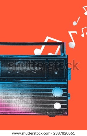 Poster. Contemporary art collage. Modern creative artwork. Vintage radio station isolated orange background with painted musical notes. Image in old paper style. Concept of youth culture, technology.