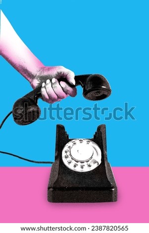 Poster. Contemporary art collage. Modern creative artwork. One hand pick up vintage phone isolated blue-pink background. Image in old paper style. Concept of youth culture, retro, technology.