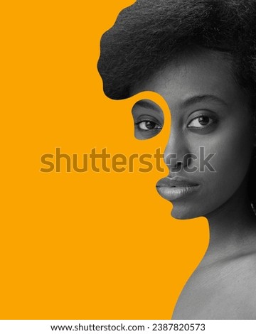Poster. Contemporary art collage. Cropped monochrome portrait of beautiful African-American female eyes and mouth selected by orange paint. Concept of Black History Month, civil rights, culture. Ad