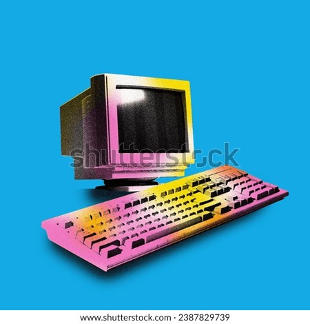 Poster. Contemporary art collage. Modern creative artwork. Vintage personal computer, PC isolated blue background. Image in old paper style. Concept of youth culture, retro, technology. Copy space. Ad