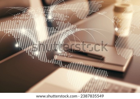 Double exposure of abstract digital world map with connections on laptop background, research and strategy concept