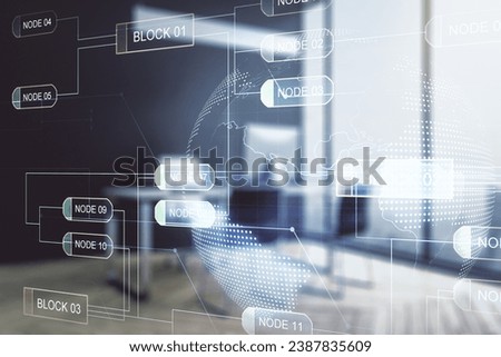 Double exposure of abstract programming language with world map and modern desktop with laptop on background, research and development concept