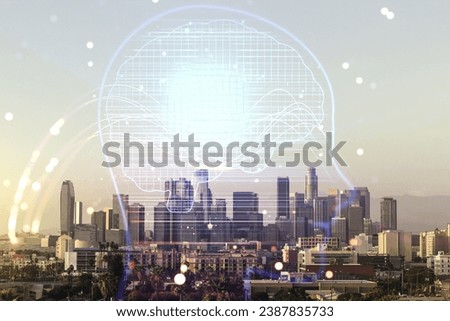 Double exposure of creative human head microcircuit hologram on Los Angeles office buildings background. Future technology and AI concept
