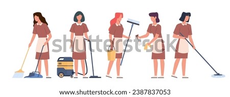 Different maids with cleaning tools. Women in uniform with mop and vacuum cleaner, detergent spray and sponge. Professional housekeeping. Cartoon flat style isolated vector housemaid set Royalty-Free Stock Photo #2387837053
