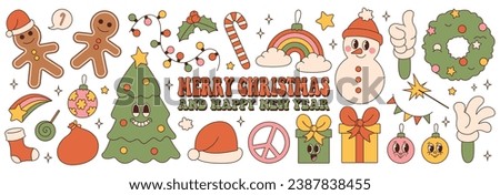 Merry Christmas and Happy New year. Christmas tree, gifts, snowman, gingerbread in trendy retro cartoon style. Sticker pack of cartoon characters and elements