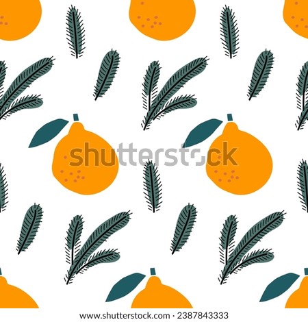 Christmas Seamless Pattern with Christmas tree branch and orange or tangerine fruit. Repeated Hand drawn design for wallpaper, wrapping, scrapbooking, print, textile. Winter holiday design background.