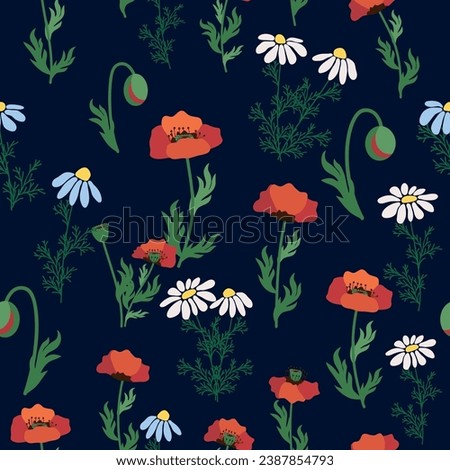 Seamless pattern with red poppies, white chamomile flowers, yellow rudbeckia. Summer flower field, meadow. Print for textile, fabric, wrapping gift paper.