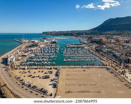This is an aerial drone shot of Denia. A Spanish town in the province of Allicante.  Royalty-Free Stock Photo #2387866995