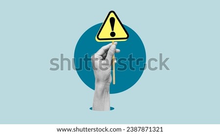 Collage with the hand with alert sign. Warning sign, alert, beware, pointing, eye-catching announcement and exclamation point on the sign Royalty-Free Stock Photo #2387871321