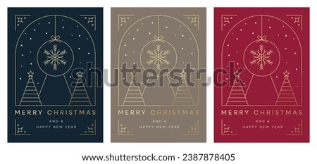 Merry Christmas and Happy New Year Set of greeting cards, posters, holiday covers. Modern Xmas design with geometric festive scene illustration. Christmas tree, balls, snow globe, snowflakes, text. 