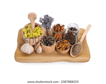 Mortar with pestle, many different dry herbs and spices isolated on white Royalty-Free Stock Photo #2387888255