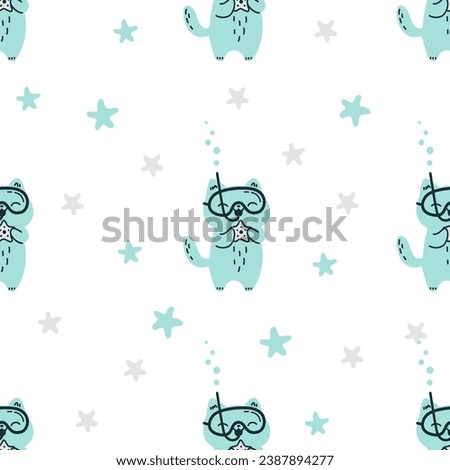 Seamless vector pattern in minimalistic doodle style. Cute cat in an underwater mask holding a starfish 