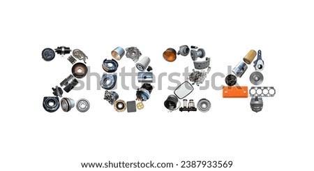 Number 2024 written with truck, tractors and car spare parts. New year concept for repair shop, workshop, diy isolated on white background. Banner. Royalty-Free Stock Photo #2387933569