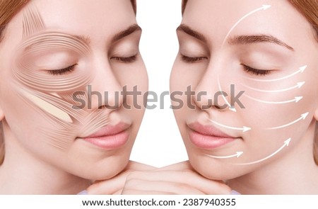 Young woman face with muscles structure under skin. Royalty-Free Stock Photo #2387940355