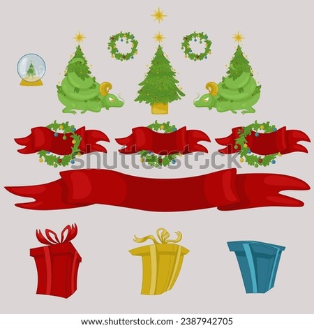 Christmas illustration vector set, 2024, year of the green dragon, tree, wreath, star, ribbon, holiday, family, weekend, new year, card, elements, stickers