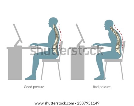 Correct and incorrect posture at the table spine vertebral column diagram hand drawn schematic vector illustration. Medical science educational illustration Royalty-Free Stock Photo #2387951149
