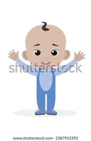 Baby boy standing. Happy kid. Hands up. Infant. Dark eyes, caucasian. Vector flat illustration. Cartoon people design. Suitable for animation, using in web, apps, books, education projects