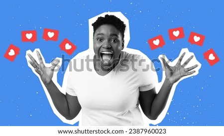 Portrait of excited black woman shouting in excitement standing among likes and hearts notifications messages over blue studio background. Social media and blogging success. Collage, panorama
