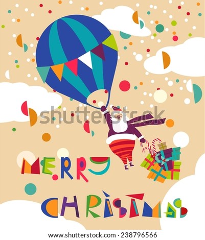 Merry Christmas and Happy New Year. Santa Claus in a balloon carries gifts to children. Colorfull card. Icon. Illustration.