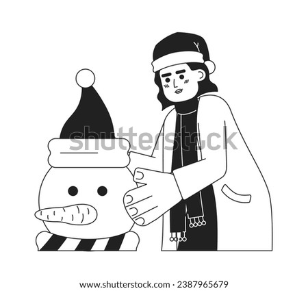 Middle eastern woman making snowman black and white 2D cartoon character. Wearing santa hat arab female isolated vector outline person. Christmastime decoration monochromatic flat spot illustration Royalty-Free Stock Photo #2387965679