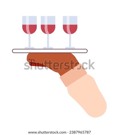 Wine glasses tray holding cartoon character hand illustration. Drinks wineglasses 2D vector image isolated on white background. Fine dining waiter. Beverages serving editable flat clipart color