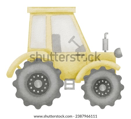 Tractor Watercolor illustration. Hand drawn clip art of baby toy yellow Truck on isolated background. Drawing of an agrimotor car for a boys game. Sketch of machines for construction and farm.