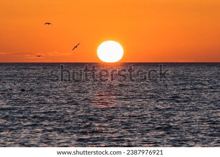Beautiful big sun in the sky at sunset over the sea. Circle sun on sunset sky. 