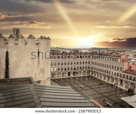 Spectacular sunset with the last rays of sun from the top of the Alcazaba overlooking the city of Badajoz and the Plaza Alta. Extremadura. Spain