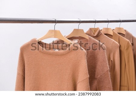 Hangers with brown sweaters on hanger rack on white background