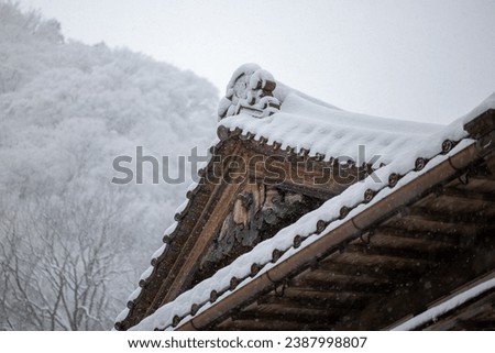 Roof of a japanese temple under heavy snow in winter.