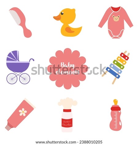 A set for newborns with cartoon elements in a flat design. A set of children's toys, clothes, care products and other decorative stickers. Vector illustration