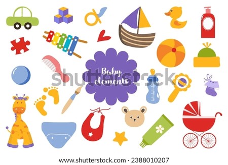 A set for newborns with cartoon elements in a flat design. A set of children's toys, clothes, care products and other decorative stickers. Vector illustration