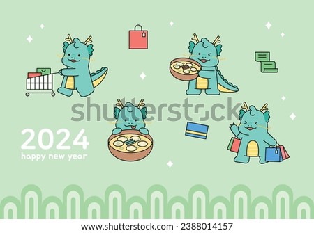A cute blue dragon character is eating Korean New Year's food and shopping.