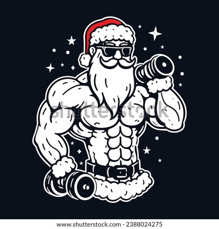 Strong Santa Claus lifting weights. Vector clip art illustration with simple gradients.