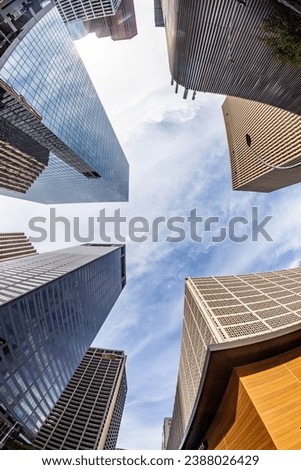 perspective of skyscraper i Houston from street level in Houston, Texas, USA.