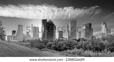 scenic skyline of Houston, Texas in morning light seen from Buffalo bayou park
