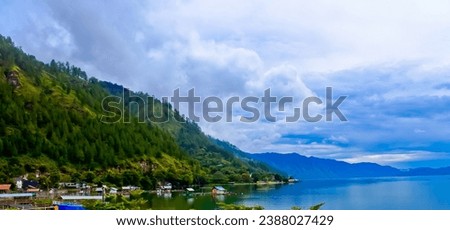 view of a freshwater lake with a pine forest and clear sky in the background, Central Aceh, Indonesia