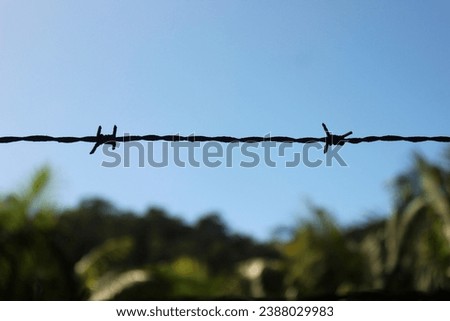 Rural life in perspective, close-up view of a barbed wire fence in the foreground, while a blurred natural landscape with blue sky and trees unfolds in the background.