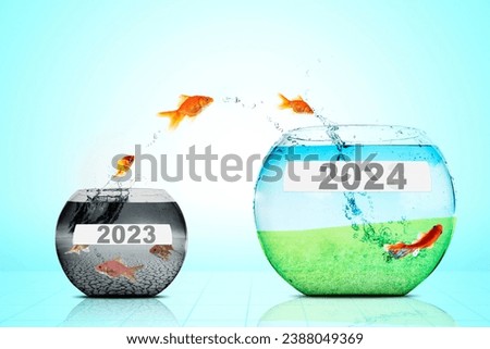 Picture of golden fish moving to better place in the larger aquarium with 2023 to aquarium with 2024 label