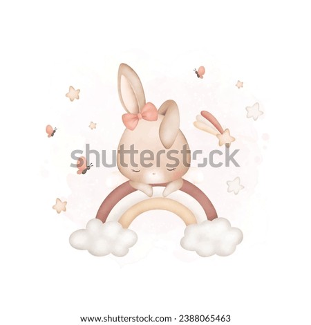 Watercolor Illustration Baby Rabbit sleeps on rainbow with stars and butterflies