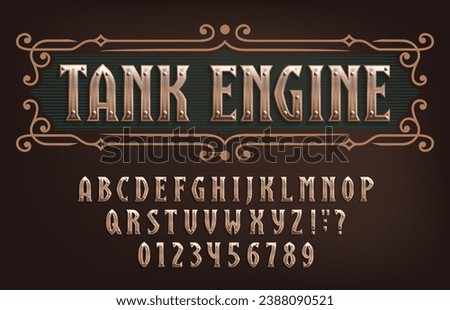 Tank Engine alphabet font. Riveted vintage letters and numbers. Stock vector typescript for your design. Royalty-Free Stock Photo #2388090521