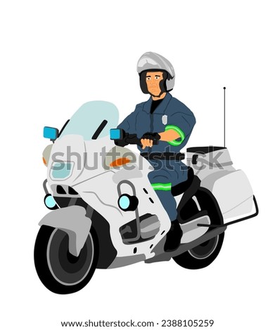 Traffic policeman officer on motorcycle on duty vector illustration isolated on white background. Police man in uniform on road. Security service member. Law and order street patrol cop.