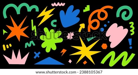 Abstract cloud and flower shapes sticker pack. Vector set of abstract organic shapes. Groovy funky flower, bubble, star, loop, waves in trendy retro 90s 00s cartoon style.