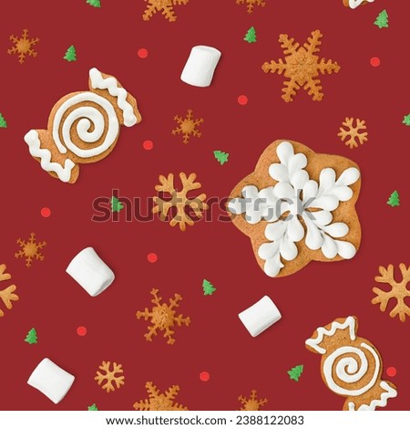 Christmas seamless pattern of marshmallows, sprinkles and gingerbread cookies on a dark red background Royalty-Free Stock Photo #2388122083