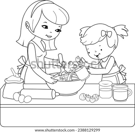 Mother and her little child baking a strawberry cake in the kitchen at home. Vector black and white coloring page.