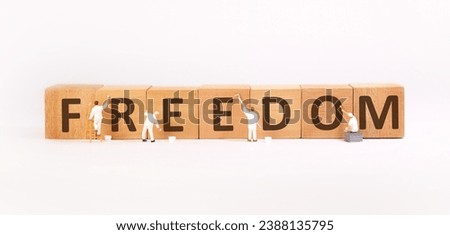 Miniature people paint the word "freedom" on wooden blocks on a white background