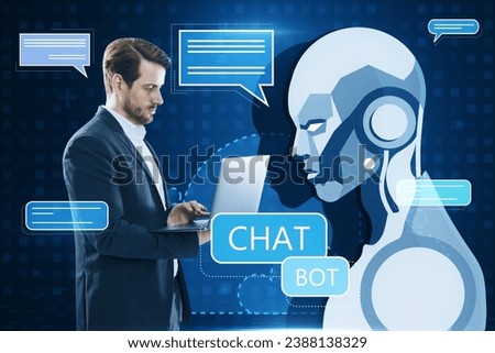 Portrait of young businessman using laptop with creative glowing robot and chat ai hologram on blue pixels background. Machine learning, artificial intelligence and innovation concept
