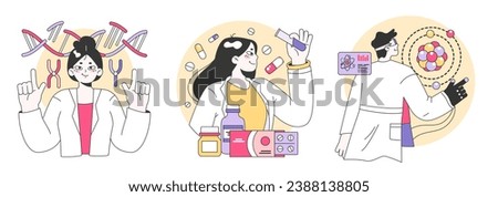 Medical research set. Biotechnology, medicine and pharmacology development. Innovative technologies, clinical trials and tests. Flat vector illustration Royalty-Free Stock Photo #2388138805