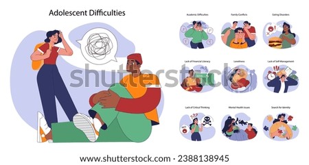 Adolescent difficulties set. Teenagers navigate challenges such as academic struggles, family tensions, eating disorders, self-discovery. Learning to deal with hardships. Flat vector illustration Royalty-Free Stock Photo #2388138945