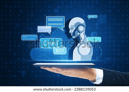 Close up of male hand holding tablet with creative glowing robot and chat ai hologram on blue pixels background. Machine learning, artificial intelligence and innovation concept
